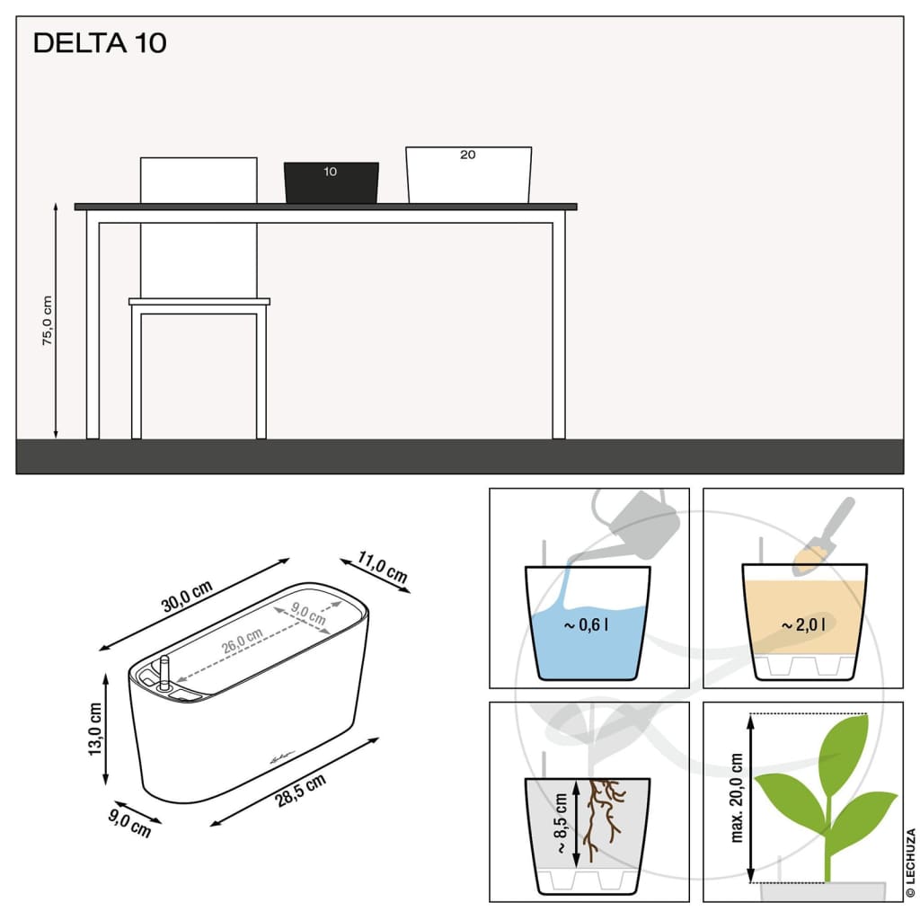 LECHUZA Fioriera DELTA 10 ALL-IN-ONE Bianco Lucido 443318