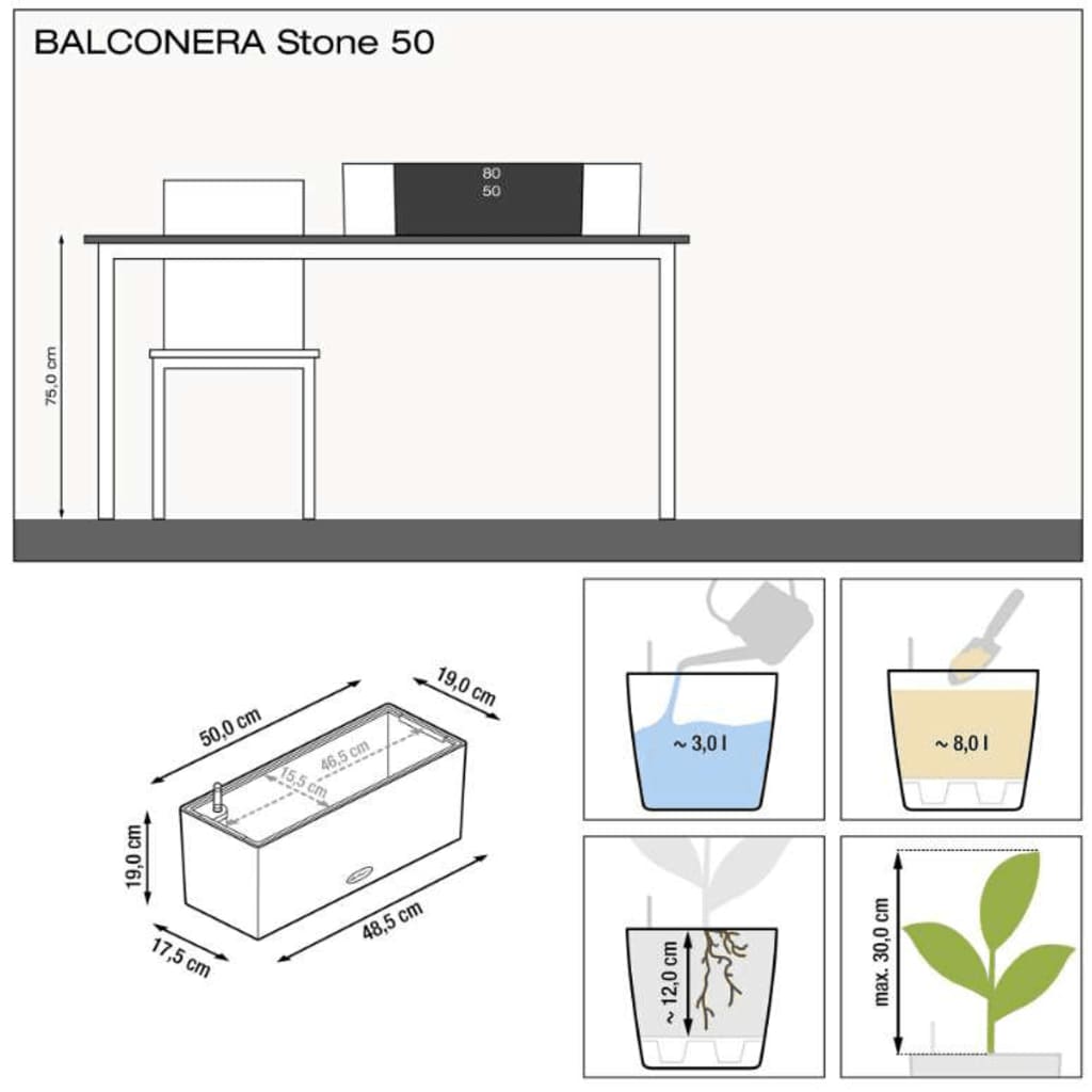 LECHUZA Fioriera BALCONERA Stone 50 ALL-IN-ONE Nera