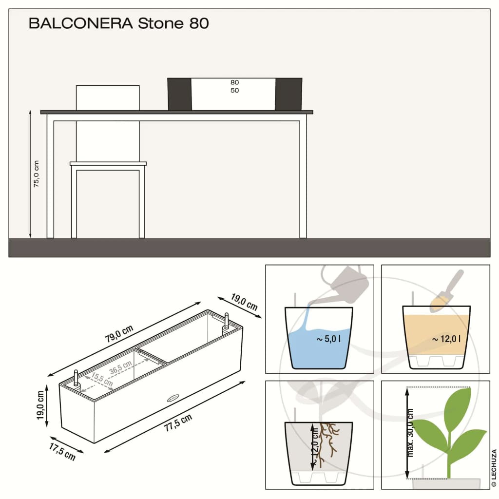 LECHUZA Fioriera BALCONERA Stone 80 ALL-IN-ONE Grigia