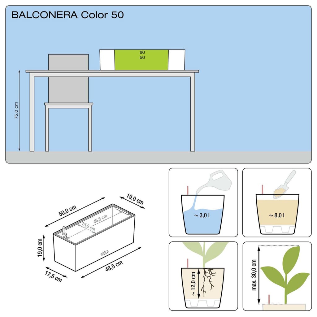 LECHUZA Fioriera Balconera Color 50 ALL-IN-ONE Bianca 15670