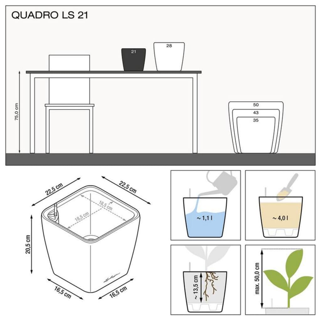 LECHUZA Fioriera da Tavolo QUADRO LS 21 ALL-IN-ONE Bianco Lucido 442095