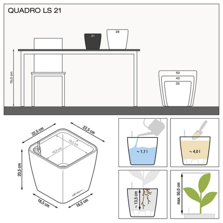 LECHUZA Fioriera da Tavolo QUADRO LS 21 ALL-IN-ONE Bianco Lucido 442095