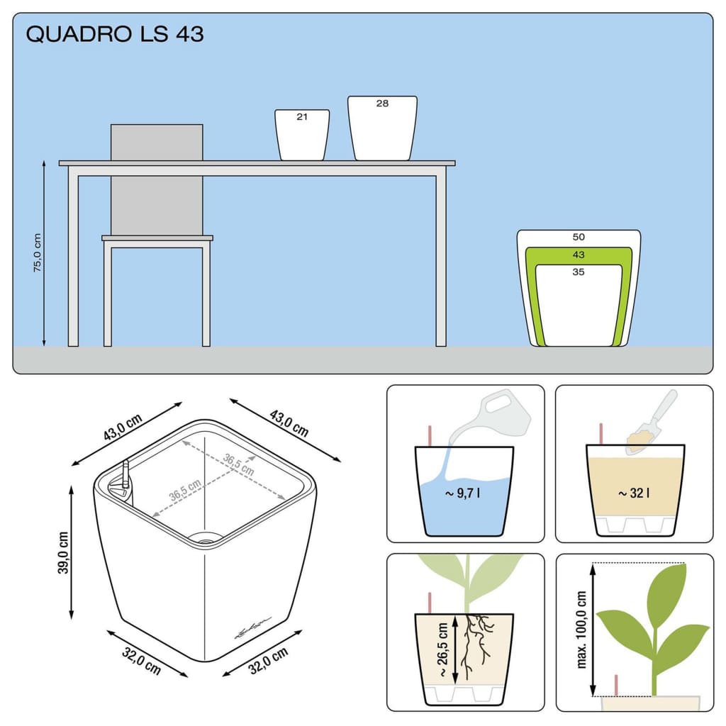 LECHUZA Fioriera QUADRO LS 43 ALL-IN-ONE Carbone 16163 421482