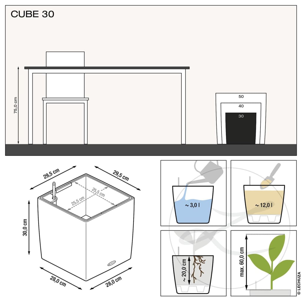 LECHUZA Fioriera CUBE 30 ALL-IN-ONE Bianco Lucido 442097