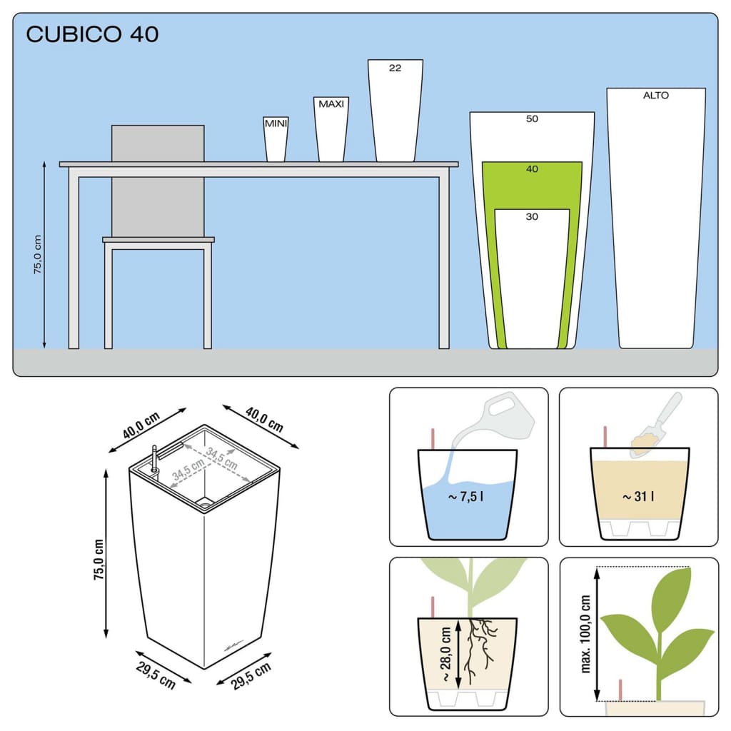 LECHUZA Fioriera Cubico 40 ALL-IN-ONE Grigio Talpa Lucido 18215