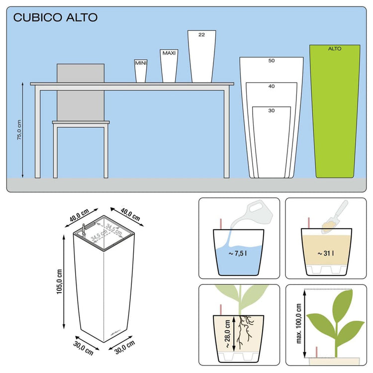 LECHUZA Fioriera Cubico Alto 40 ALL-IN-ONE Carbone 18233