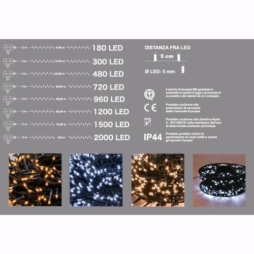 Serie Luci Natale 180 Led Luce Calda Giochi Luce Filo 11 mt Uso Esterno D1968