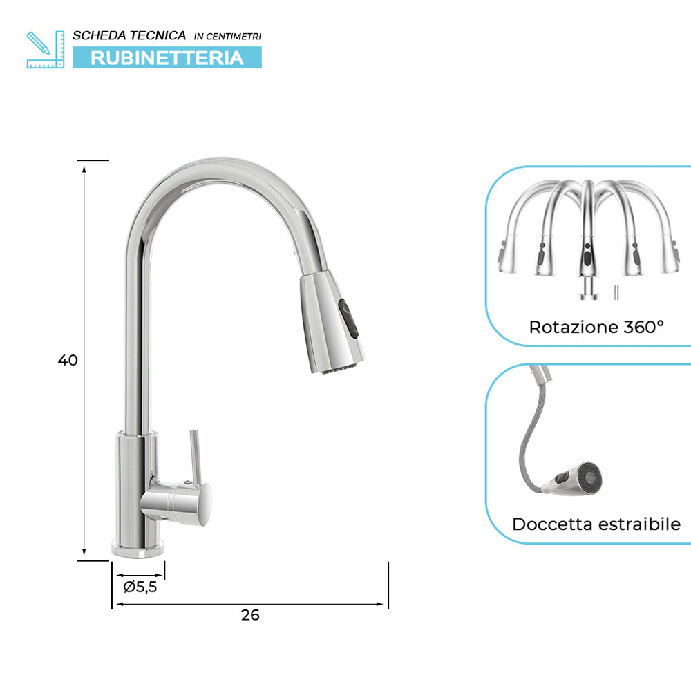 MISCELATORE RUBINETTO LAVELLO CUCINA ACCIAIO CROMATO + DOCCETTA ESTRAIBILE "KITCHEN" FERIDRAS 401061