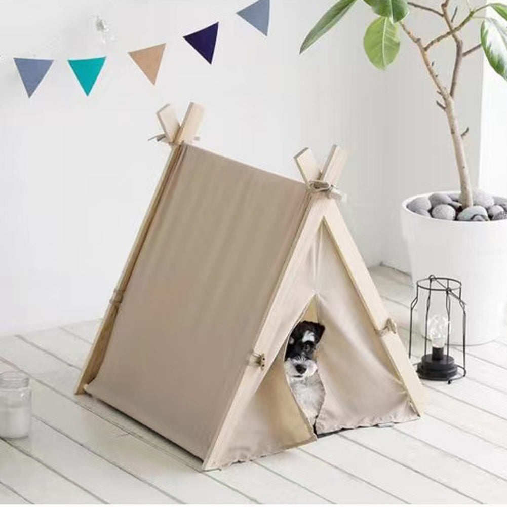 Tenda da Gioco per Animali Domestici Interni o Esterni in Legno e Tessuto Beige