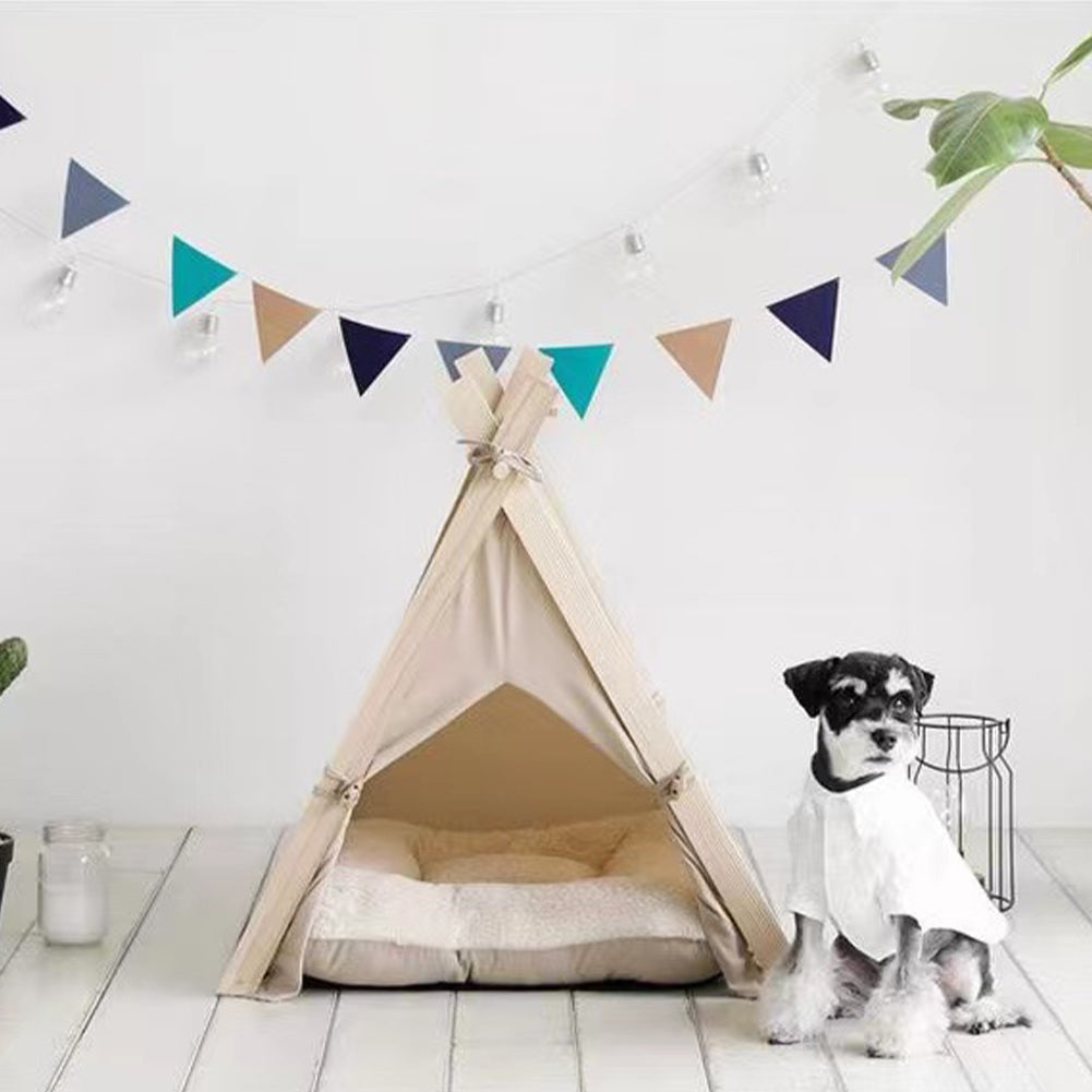 Tenda da Gioco per Animali Domestici Interni o Esterni in Legno e Tessuto Beige