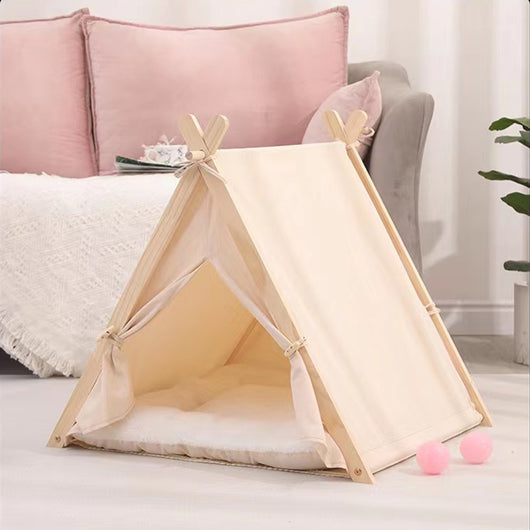 Tenda da Gioco per Animali Domestici Interni o Esterni in Legno e Tessuto Beige