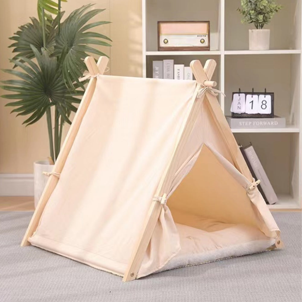 Tenda da Gioco per Animali Domestici Interni o Esterni in Legno e Tessuto Beige