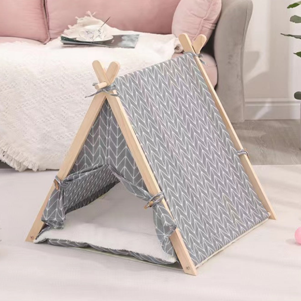 Tenda da Gioco per Animali Domestici Interni o Esterni in Legno e Tessuto Grigio