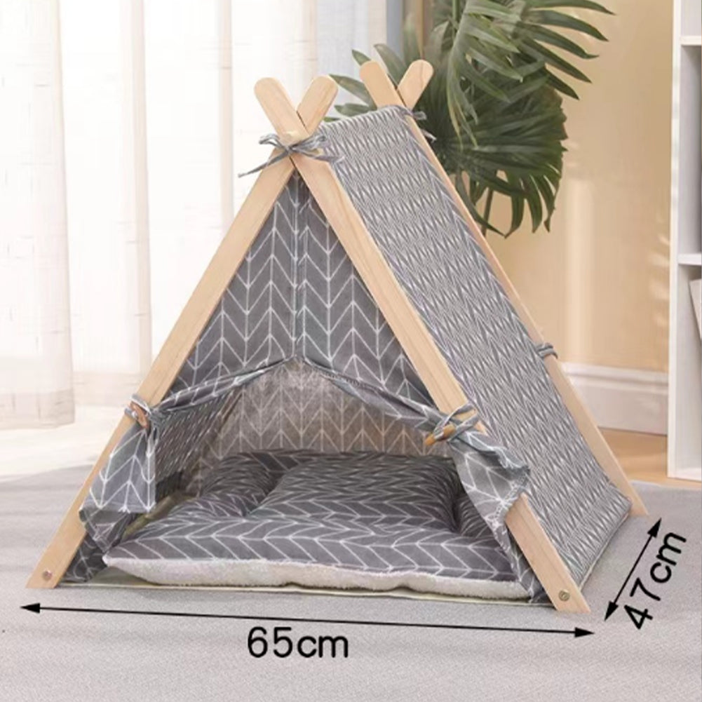 Tenda da Gioco per Animali Domestici Interni o Esterni in Legno e Tessuto Grigio