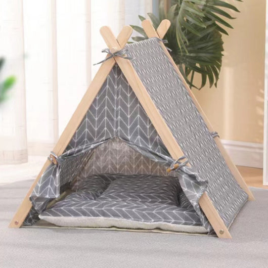 Tenda da Gioco per Animali Domestici Interni o Esterni in Legno e Tessuto Grigio