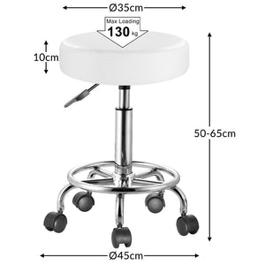 Sgabello con ruote Rotondo Ecopelle Bianco Altezza Regolabile Base Acciaio Zinc