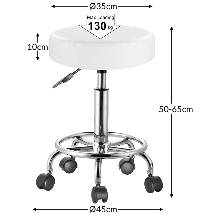 Sgabello con ruote Rotondo Ecopelle Bianco Altezza Regolabile Base Acciaio Zinc