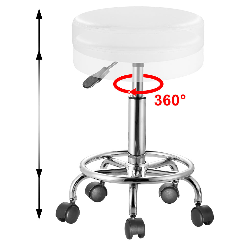 Sgabello con ruote Rotondo Ecopelle Bianco Altezza Regolabile Base Acciaio Zinc