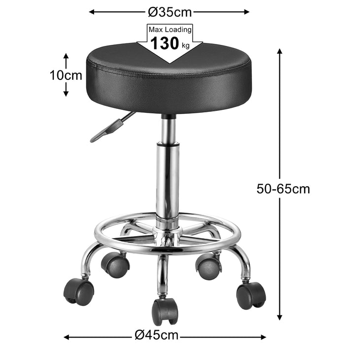 Sgabello con ruote Rotondo Ecopelle Nero Altezza Regolabile Base Acciaio Zincata