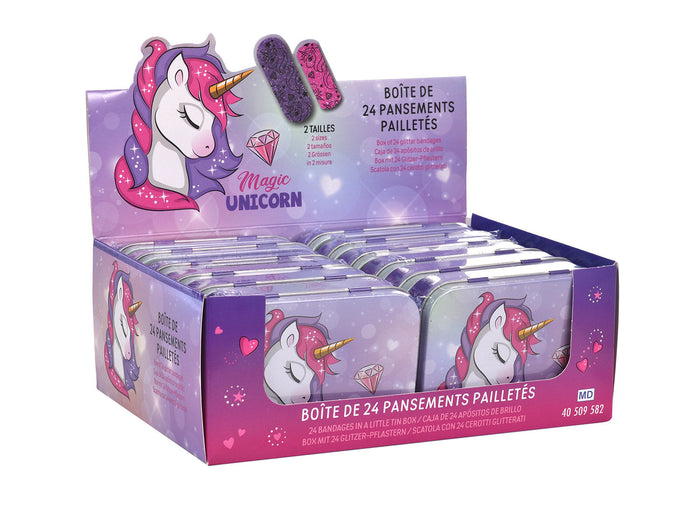 Set 12 Box Unicorno per Bambini con 24 Cerotti Ciascuno 2 Misure in Metallo