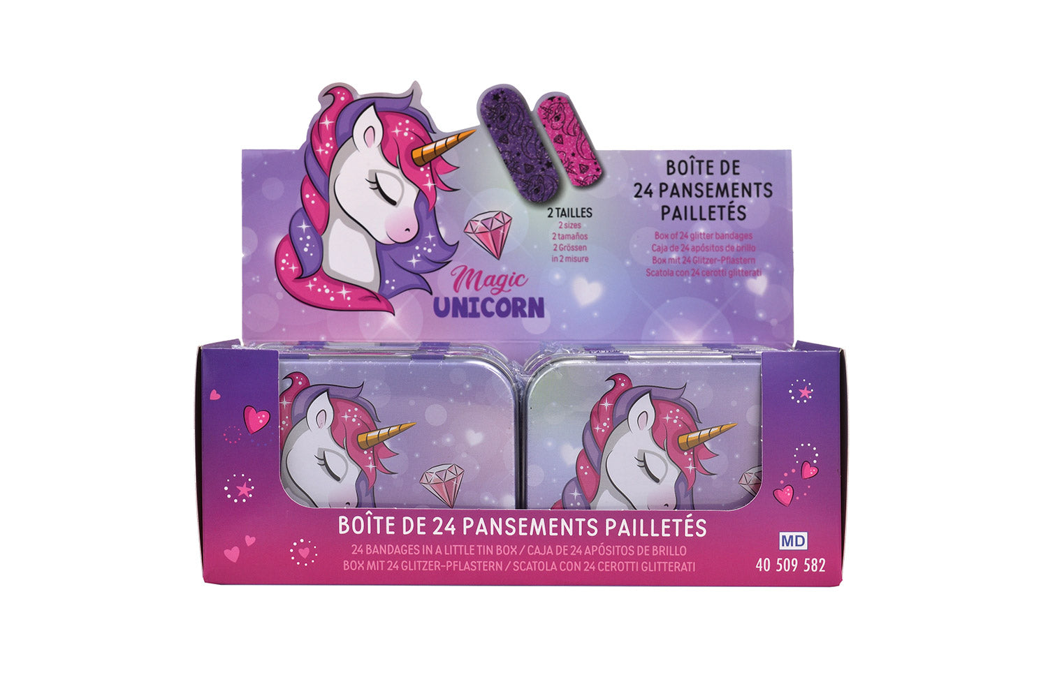 Set 12 Box Unicorno per Bambini con 24 Cerotti Ciascuno 2 Misure in Metallo