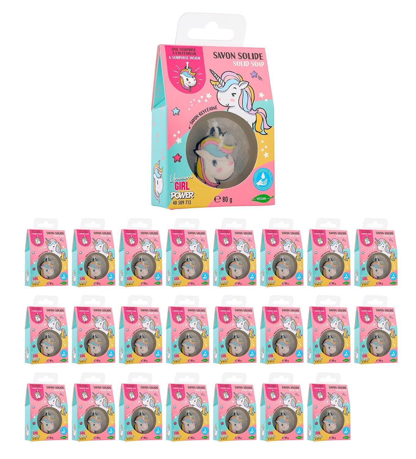 Set 24 Saponette Unicorno per Bambini 80 gr con Sorpresa Portachiavi Interno