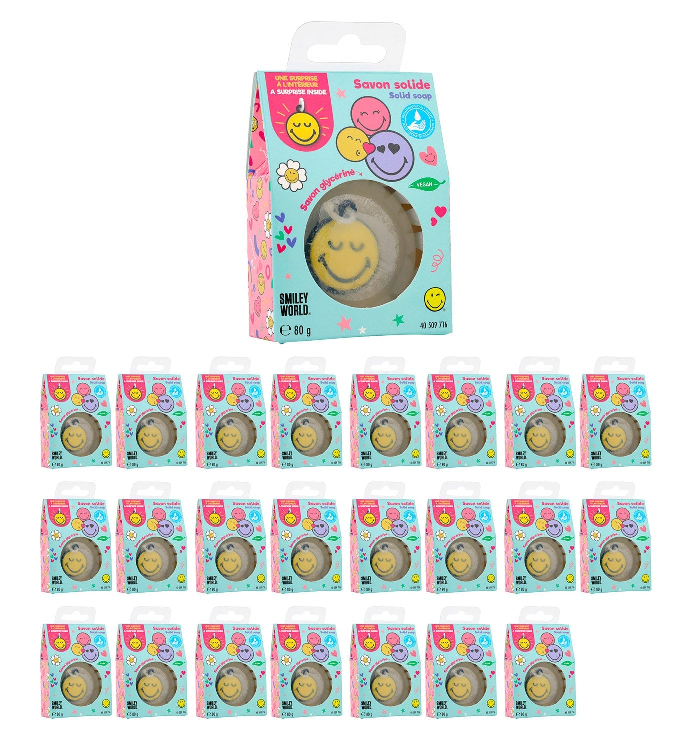 Set 24 Saponette Smiley per Bambini 80 gr con Sorpresa Portachiavi Interno