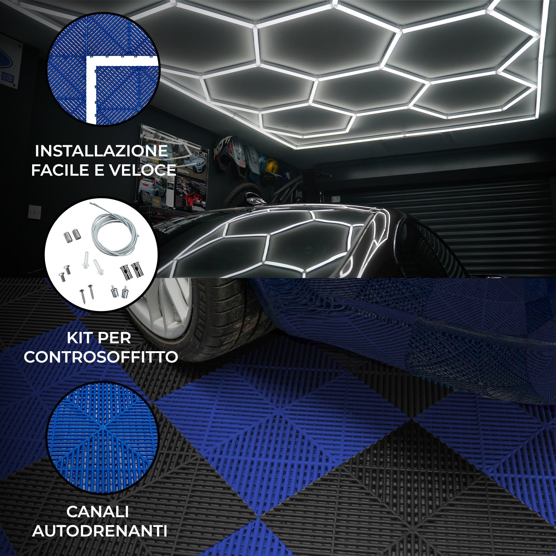 Luci LED Esagonali & Piastrelle Ventilate per Pavimento Garage con Bordi - 60 Nere & 60 Blu