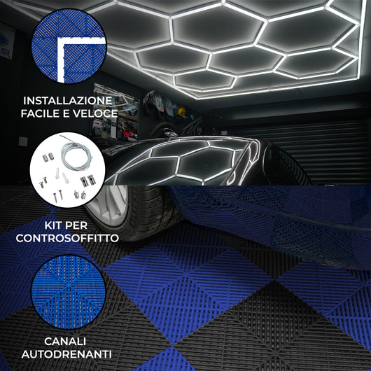 Luci LED Esagonali & Piastrelle Ventilate per Pavimento Garage con Bordi - 60 Nere & 60 Blu