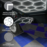 Luci LED Esagonali & Piastrelle Ventilate per Pavimento Garage con Bordi - 60 Grigie & 60 Blu