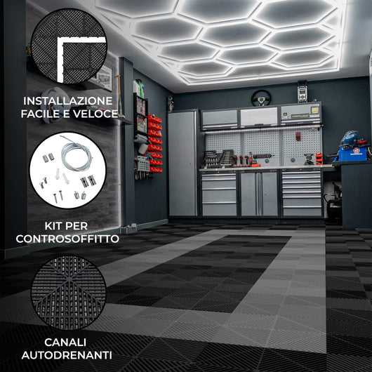 Luci LED Esagonali & Piastrelle Ventilate per Pavimento Garage con Bordi - 90 Nere & 30 Grigie