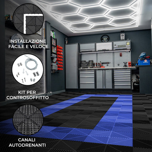 Luci LED Esagonali & Piastrelle Ventilate per Pavimento Garage con Bordi - 90 Nere & 30 Blu