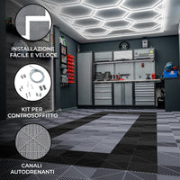 Luci LED Esagonali & Piastrelle Ventilate per Pavimento Garage con Bordi - 90 Grigie & 30 Nere