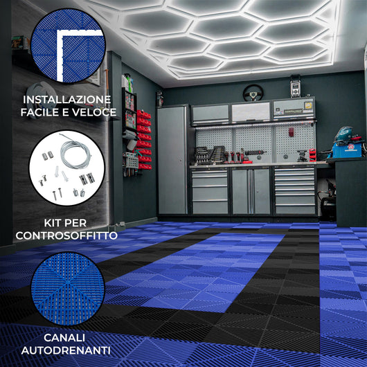 Luci LED Esagonali & Piastrelle Ventilate per Pavimento Garage con Bordi - 90 Blu & 30 Nere