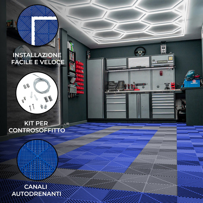 Luci LED Esagonali & Piastrelle Ventilate per Pavimento Garage con Bordi - 90 Blu & 30 Grigie