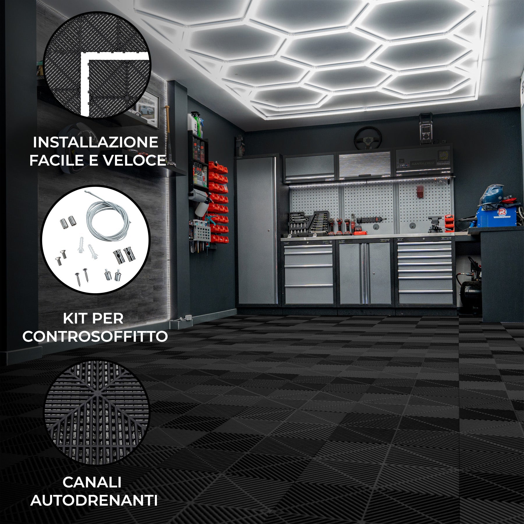 Luci LED Esagonali x 2 & Piastrelle Ventilate per Pavimento Garage x 225 con Bordi - Nero