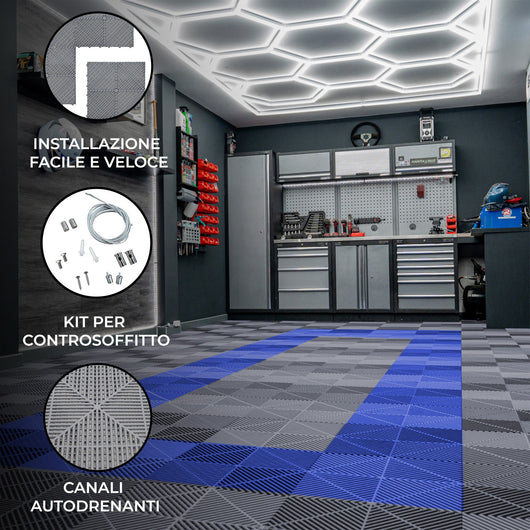 Luci LED Esagonali x 2 e Piastrelle Ventilate per Pavimento Garage con Bordi - 165 Grigie & 60 Blu