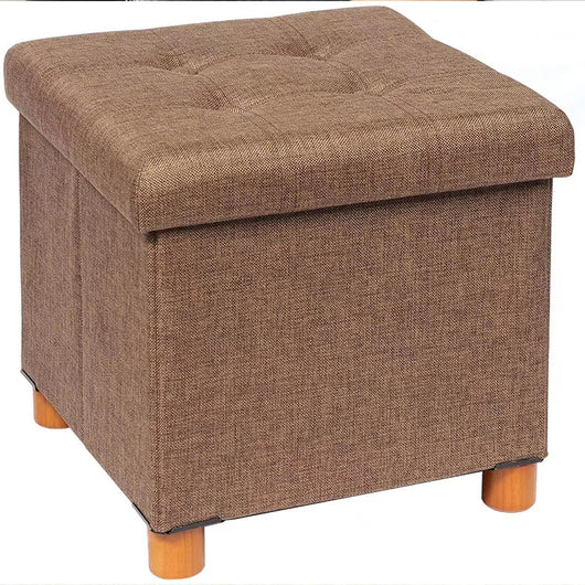 Pouf Contenitore Marrone in Lino Imbottito Poggiapiedi Sgabello Baule Versatile