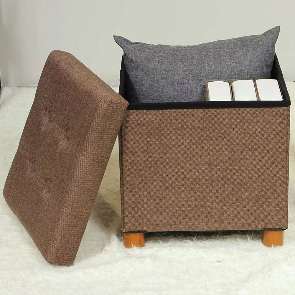 Pouf Contenitore Marrone in Lino Imbottito Poggiapiedi Sgabello Baule Versatile