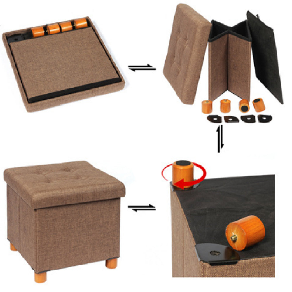 Pouf Contenitore Marrone in Lino Imbottito Poggiapiedi Sgabello Baule Versatile