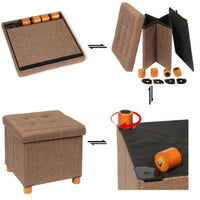 Pouf Contenitore Marrone in Lino Imbottito Poggiapiedi Sgabello Baule Versatile