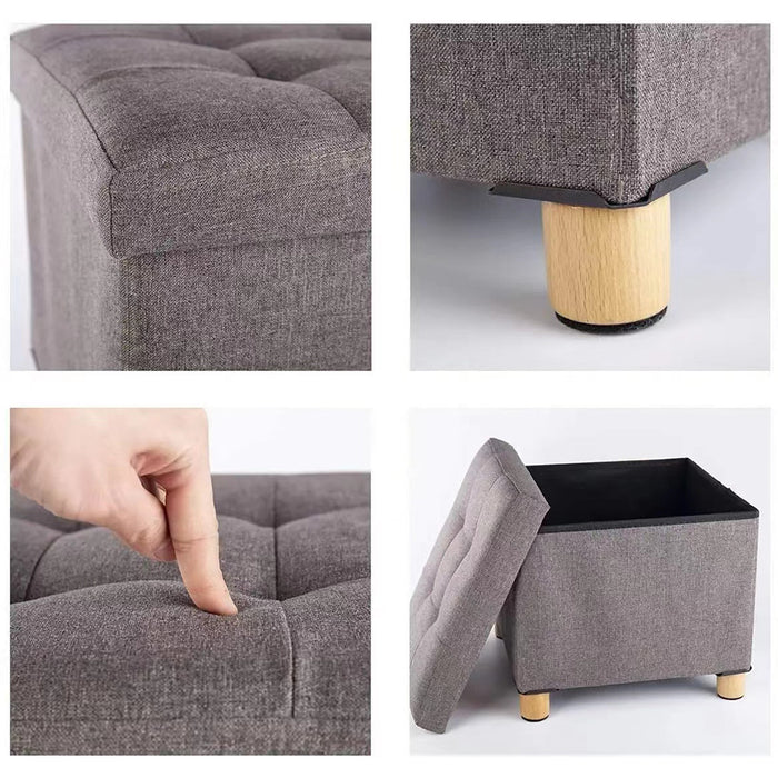 Pouf Contenitore Grigio in Lino Imbottito Poggiapiedi Sgabello Baule Versatile