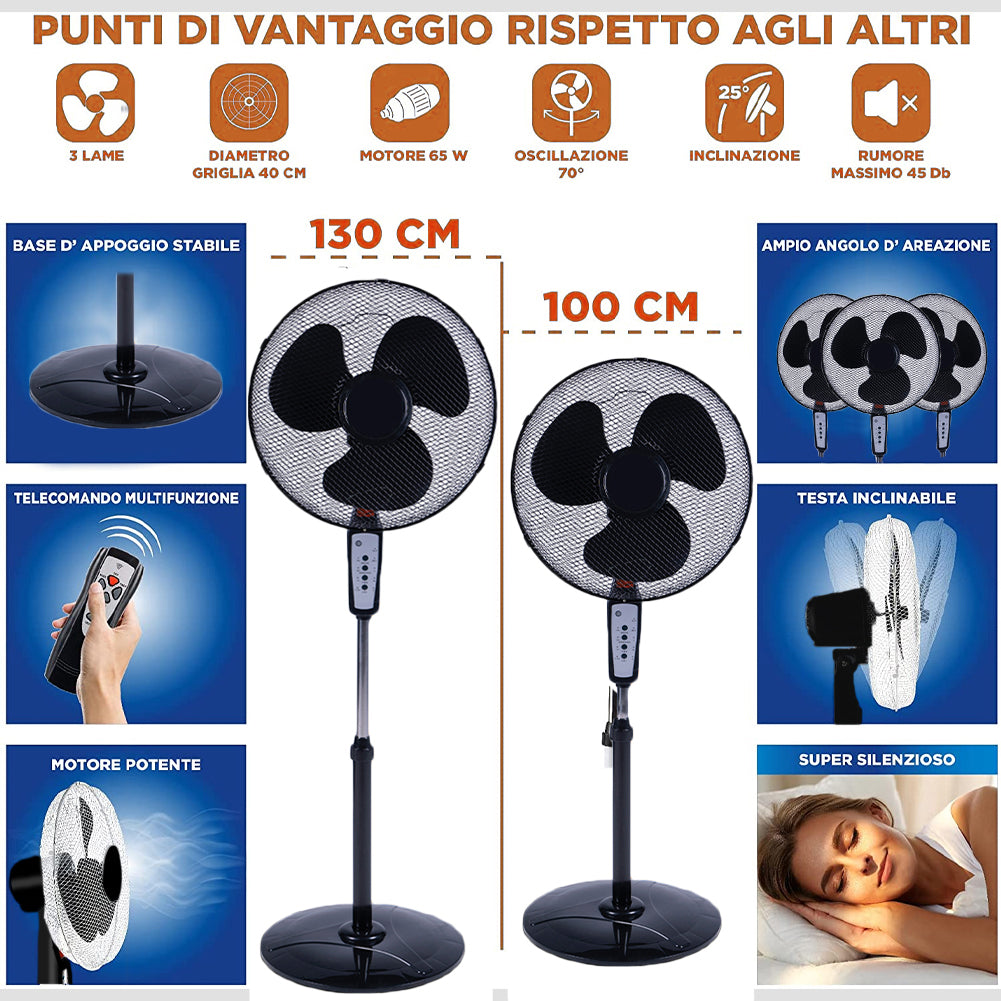 Ventilatore a Piantana Base Tonda con Telecomando 50W Nero 3 Velocità + Timer