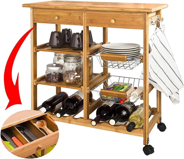 Carrello Cucina Legno Bambu 2 Cassetti Portaposate Portabottiglie 4 Scomparti