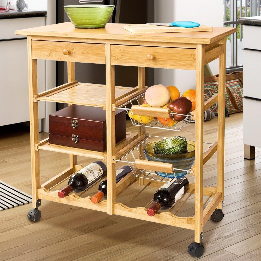 Carrello Cucina Legno Bambu 2 Cassetti Portaposate Portabottiglie 4 Scomparti