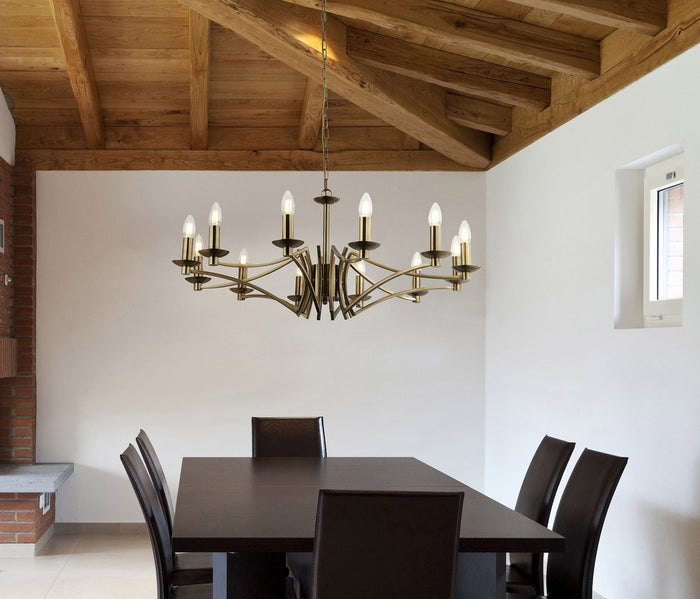 Lampadario Classico Ascot Acciaio Ottone 12 Luci E14