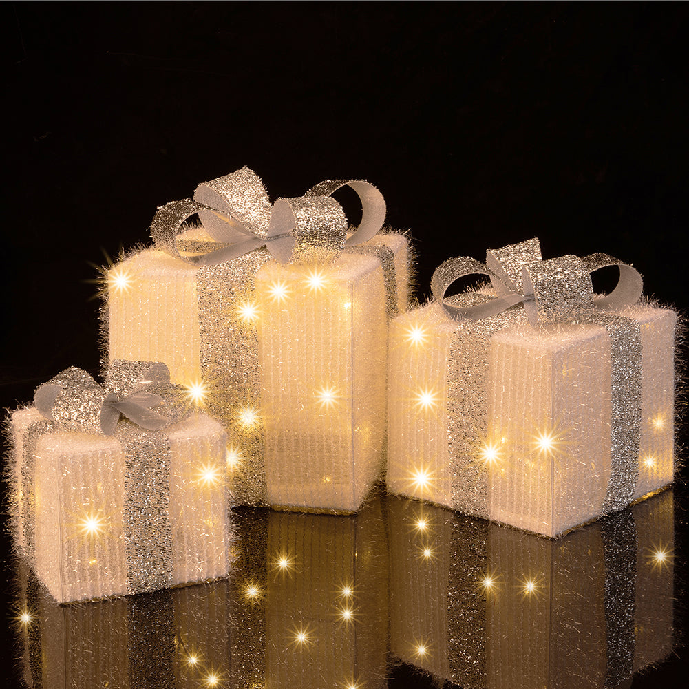 Set 3 Pacchetti Pacchi Regalo Luminosi Natale Bianco e Argento Interni e Esterni