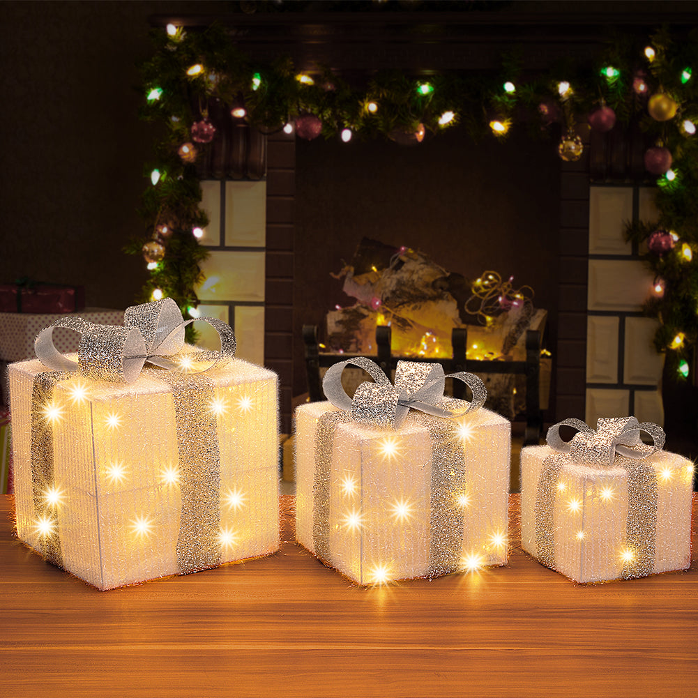 Set 3 Pacchetti Pacchi Regalo Luminosi Natale Bianco e Argento Interni e Esterni