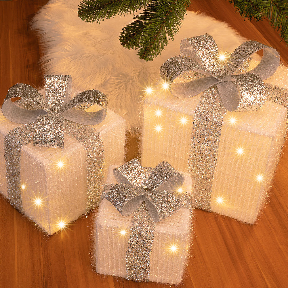 Set 3 Pacchetti Pacchi Regalo Luminosi Natale Bianco e Argento Interni e Esterni