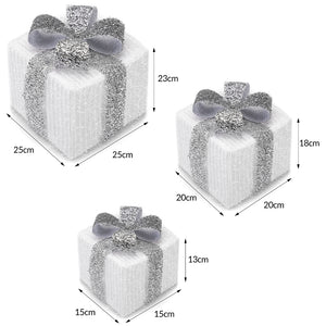 Set 3 Pacchetti Pacchi Regalo Luminosi Natale Bianco e Argento Interni e Esterni